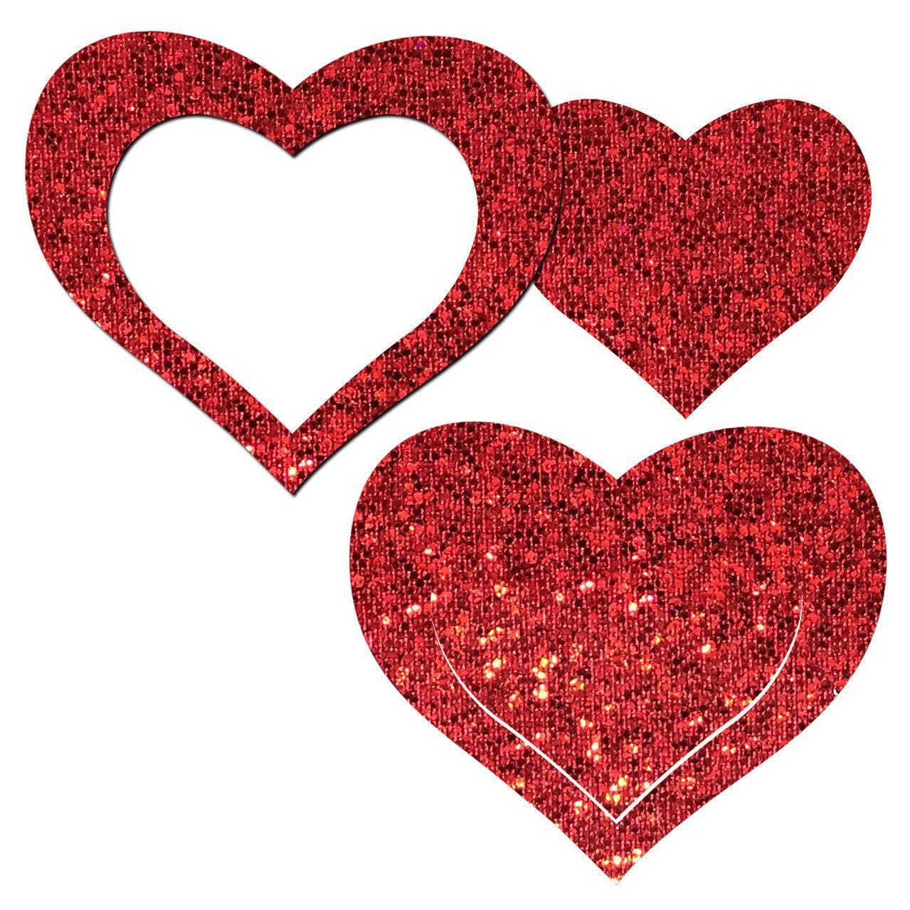 Pastease Peek-a-Boob: Red Glitter Heart Frame & Center Nipple Pasties - Romantic Blessings