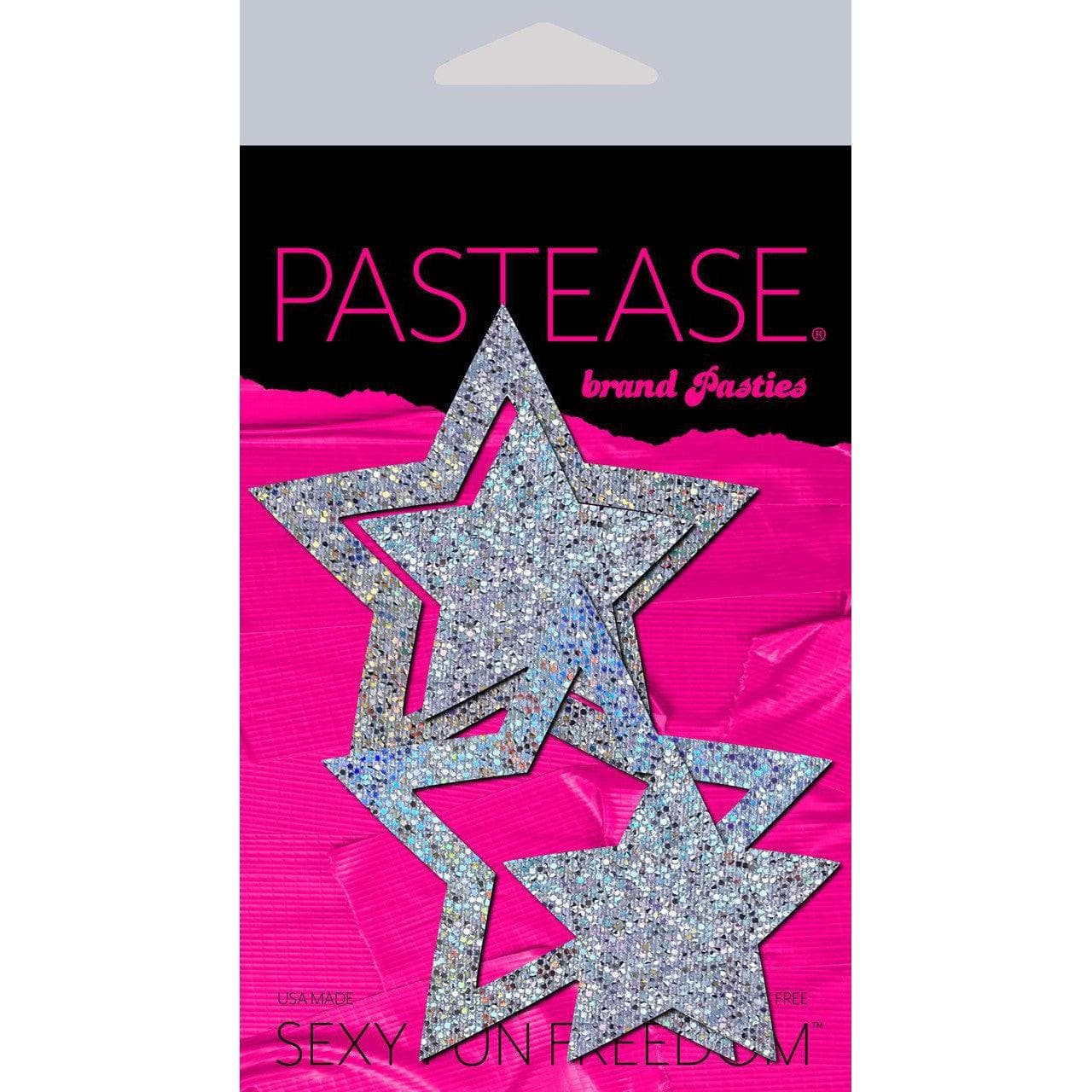 Pastease Peek-a-Boob: Silver Glitter Star Frame & Center Nipple Pasties - Romantic Blessings