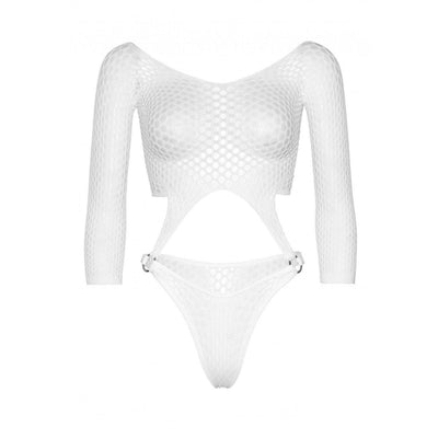 Leg Avenue Long Sleeve Pothole Suspender Top Bodysuit with Thong Back and O-Ring Detail - O/S - White - Romantic Blessings