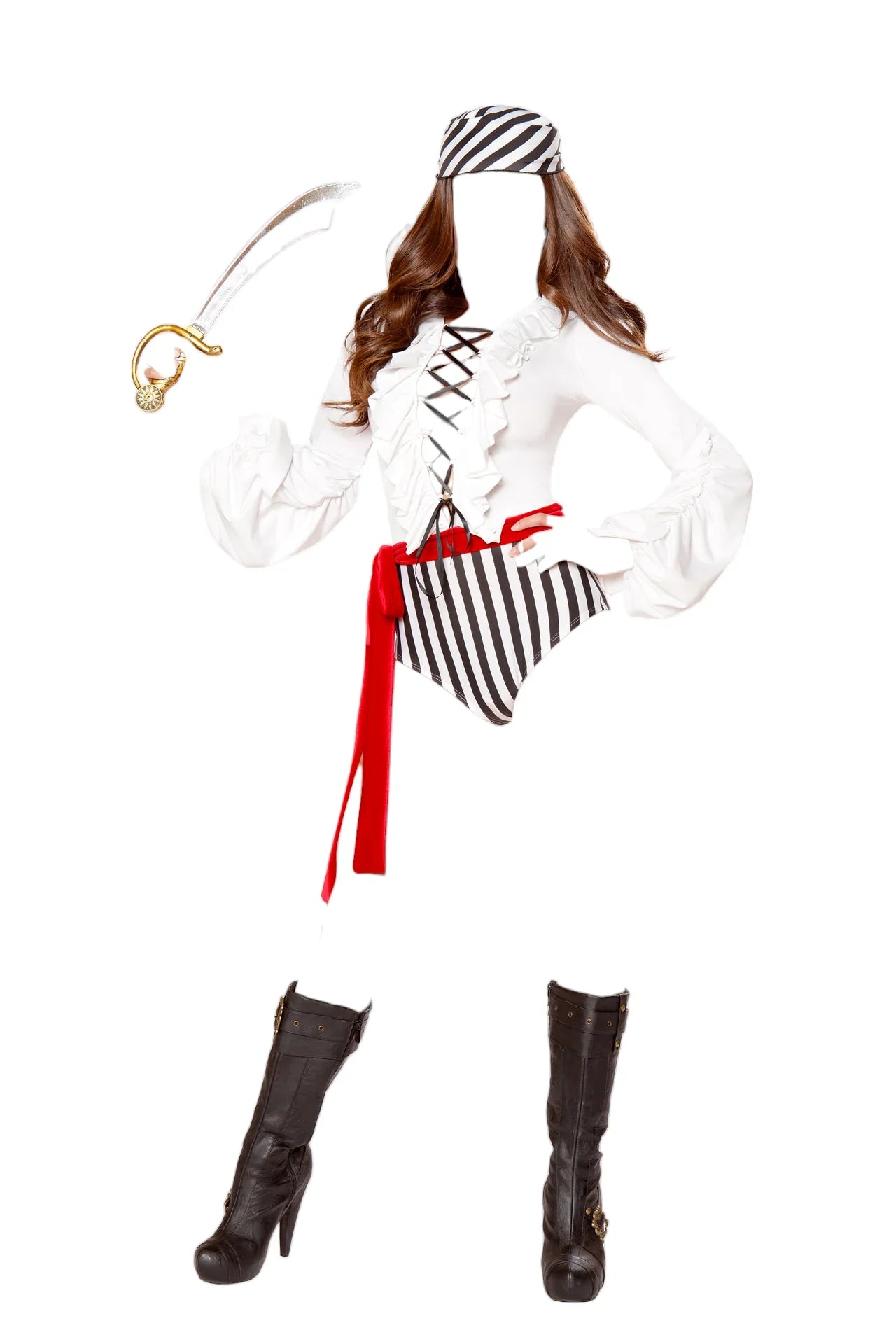 Roma Costume 3 PC Pirate Scoundrel Romper with Lace Up Detail Black/White/Red