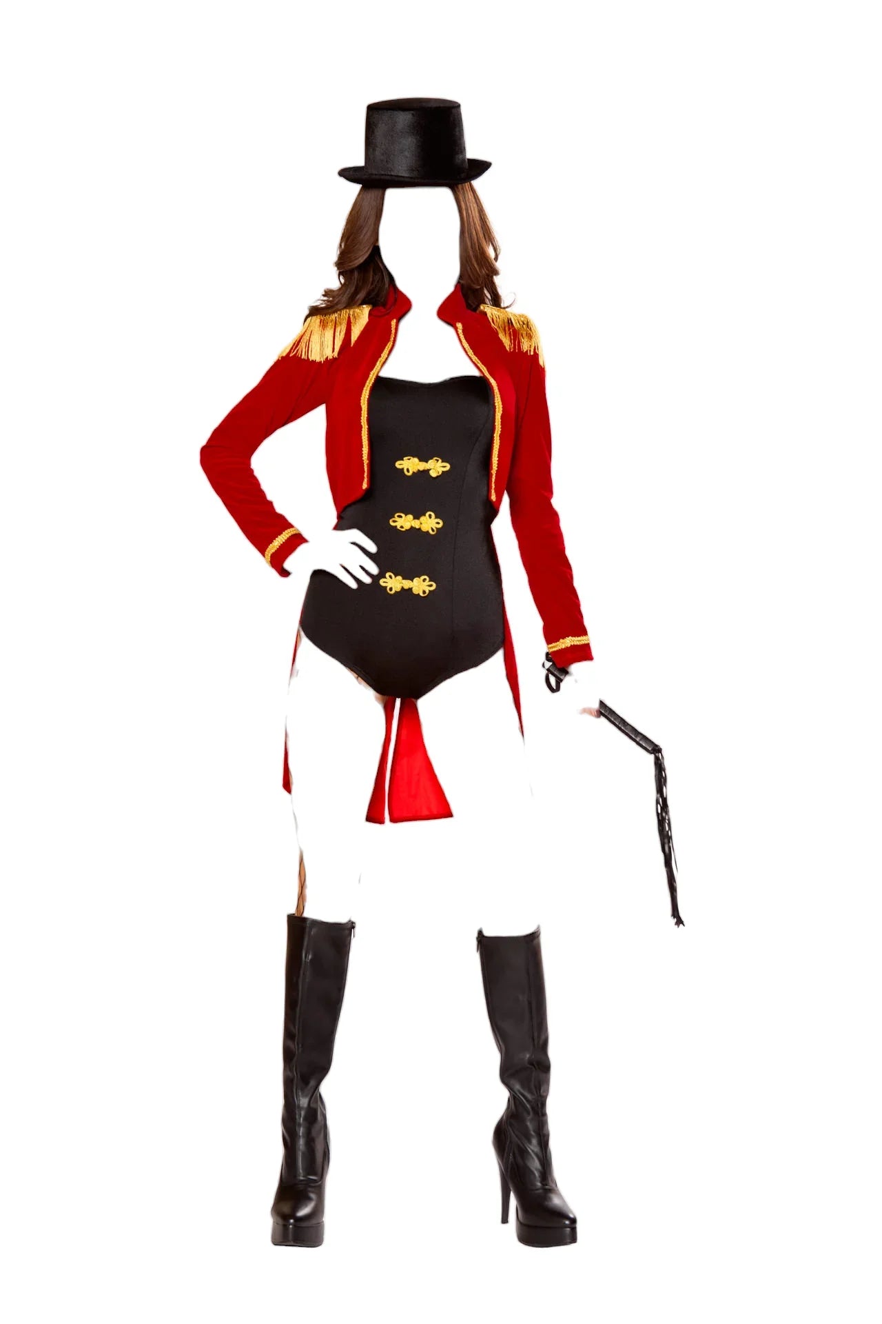 Roma Costume 4 PC Sassy Ring Leader Romper with Fringe Shoulder Pads Black/Red/Gold