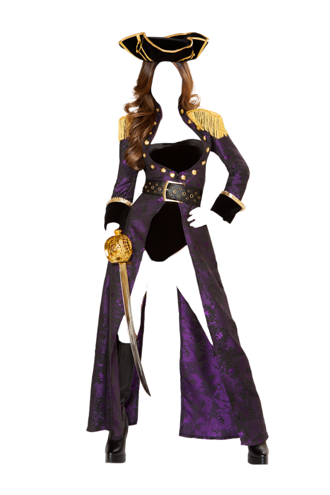 Roma Costume 4 PC Pirate Queen Romper & Long Coat Black/Purple/Gold