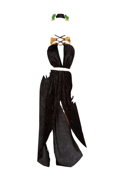 Roma Costume 2 PC Greek Goddess Long Dress with Lace-Up Back Black/Gold