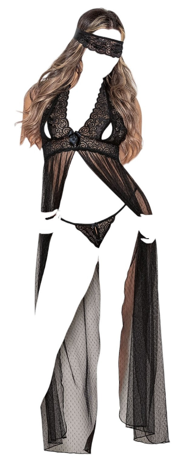 Euphoria Long Gown with Peek a Boo Cups and Open Crotch Panty & Mask Black OS