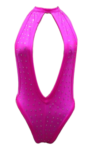 Escante Jeweled Hi Neck Halter Teddy Bodysuit Neon Pink One Size