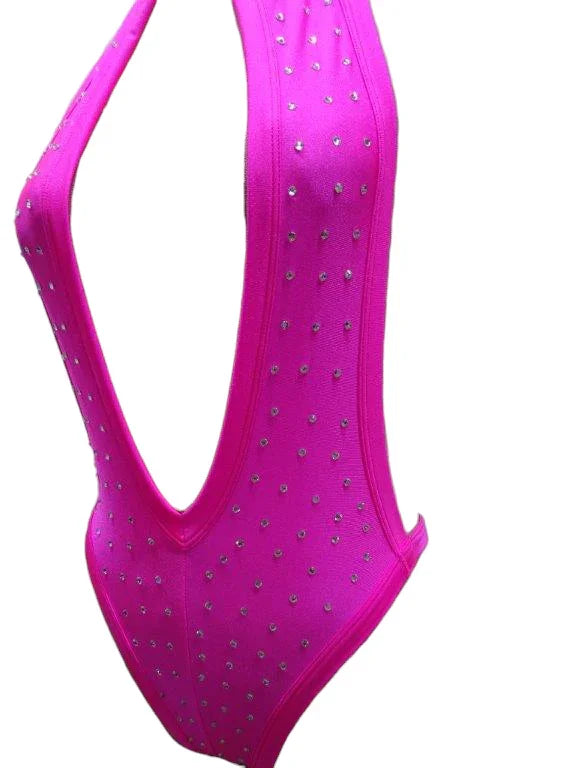 Escante Jeweled Hi Neck Halter Teddy Bodysuit Neon Pink One Size