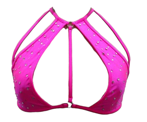 Escante Jeweled Hi Neck Jeweled Ring Accent Bra Neon Pink One Size