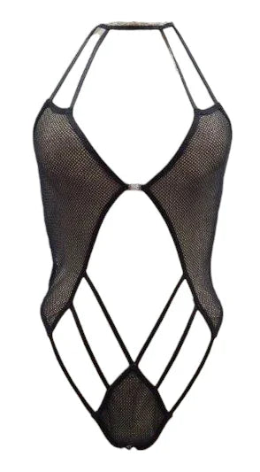 Escante Boxed Jeweled Front Fishnet Teddy Black One Size