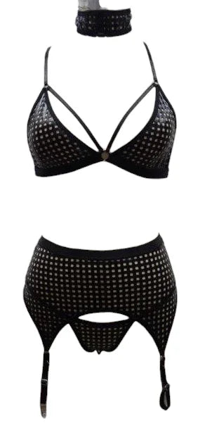 Escante Boxed 4 PC Sex Goddess Flame Choker Set with Ring Detail & Garterbelt Black