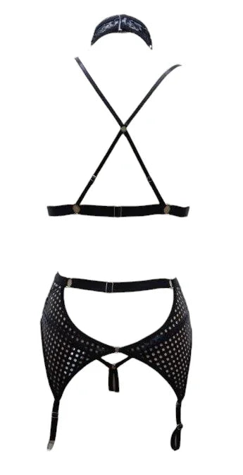 Escante Boxed 4 PC Sex Goddess Flame Choker Set with Ring Detail & Garterbelt Black
