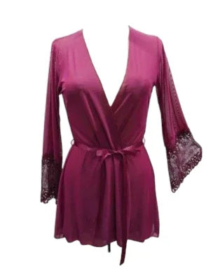 Escante Mix & Match Mesh & Lace Robe with Ribbon Belt Burgundy