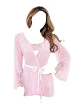 Escante Mix & Match Mesh & Lace Robe with Ribbon Belt Pink