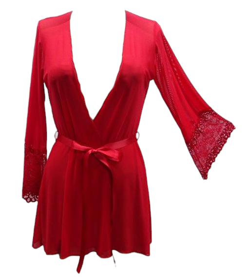 Escante Mix & Match Mesh & Lace Robe with Ribbon Belt Red