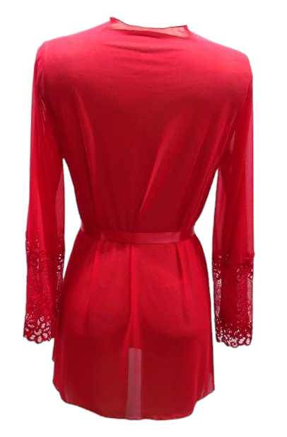 Escante Mix & Match Mesh & Lace Robe with Ribbon Belt Red