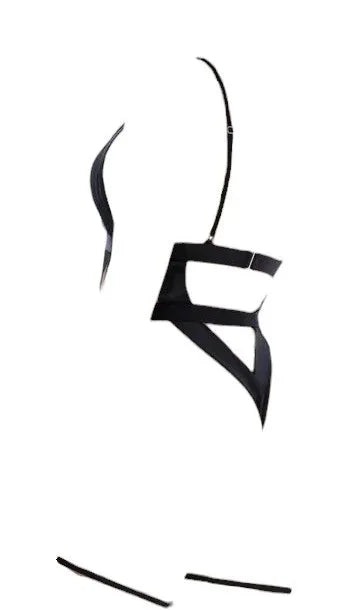 Mapale Striped Mesh Bodysuit with Faux Leather Accents Black