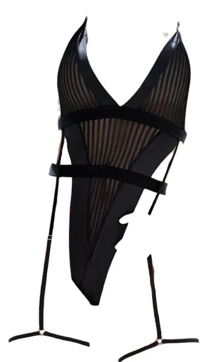 Mapale Striped Mesh Bodysuit with Faux Leather Accents Black