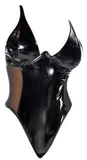 Mapale Underwire Cup Wetlook Vinyl Bodysuit with Fishnet Details Black