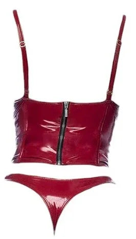 Mapale 2 PC Underwire Cup Wetlook Vinyl Bustier and Matching Thong Gloss Wine