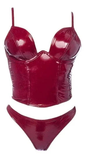 Mapale 2 PC Underwire Cup Wetlook Vinyl Bustier and Matching Thong Gloss Wine