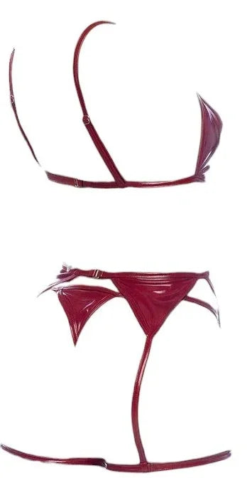 Mapale 3 PC Wetlook Vinyl Bralette with Matching Thong and Garter Gloss Wine
