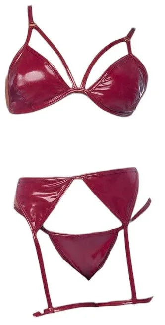 Mapale 3 PC Wetlook Vinyl Bralette with Matching Thong and Garter Gloss Wine