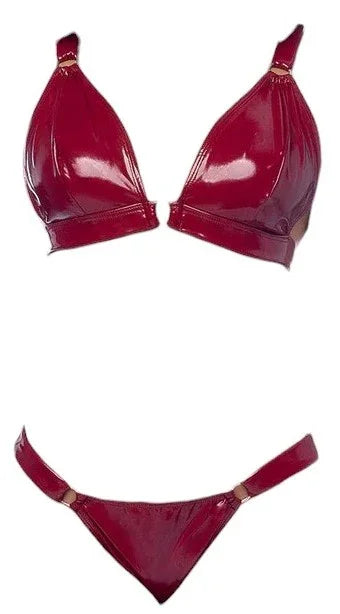 Mapale 2 PC Wetlook Vinyl Bralette with Matching Thong Gloss Wine