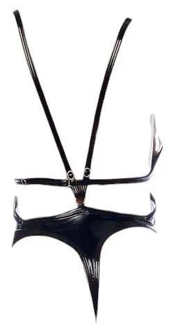 Mapale Wetlook Vinyl Bodysuit with Lace Up Eyelet Details Gloss Black