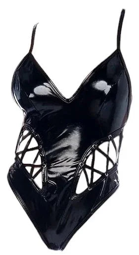 Mapale Wetlook Vinyl Bodysuit with Lace Up Eyelet Details Gloss Black