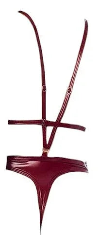 Mapale Wetlook Vinyl Bodysuit with Lace Up Eyelet Details Gloss Wine