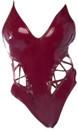 Mapale Wetlook Vinyl Bodysuit with Lace Up Eyelet Details Gloss Wine