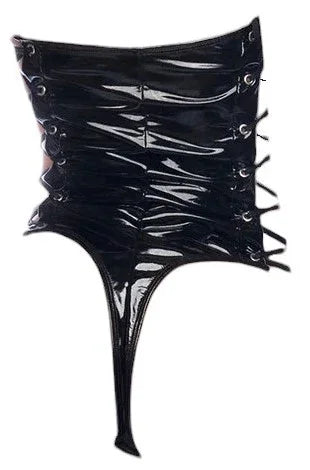 Mapale Wetlook Vinyl Bodysuit with Halter Neckline and Side Lace Up Eyelet Details Gloss Black