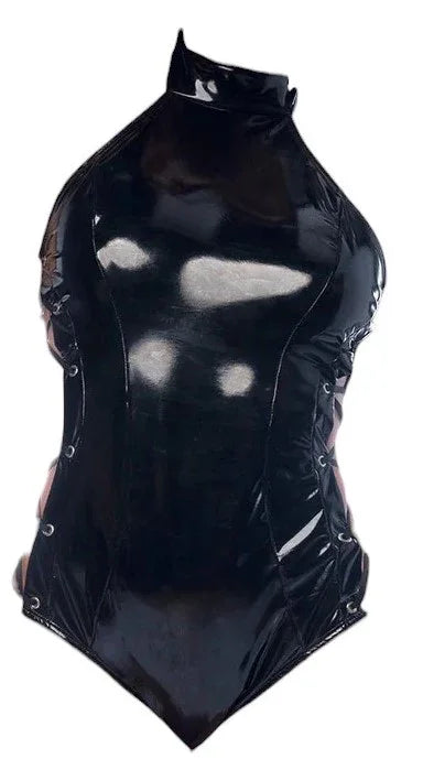 Mapale Wetlook Vinyl Bodysuit with Halter Neckline and Side Lace Up Eyelet Details Gloss Black