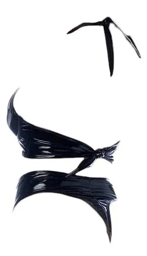 Mapale Wetlook Vinyl 2 PC Crisscross Underwire Top with High Waisted Thong Gloss Black