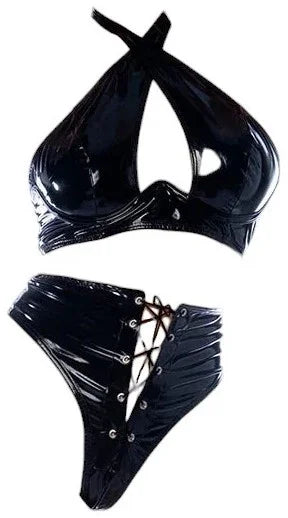 Mapale Wetlook Vinyl 2 PC Crisscross Underwire Top with High Waisted Thong Gloss Black