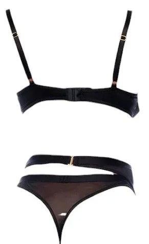 Mapale Wetlook Vinyl 3 PC Underwire Top with Sheer Mesh Thong and Garter Belt Gloss Black