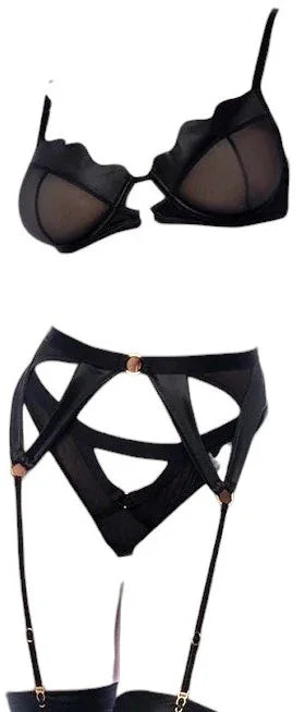 Mapale Wetlook Vinyl 3 PC Underwire Top with Sheer Mesh Thong and Garter Belt Gloss Black