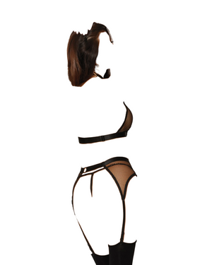 Dreamgirl 3 PC High-Neck Fishnet Bralette, G-String & Garter Belt Set With Chain Accents Black One Size