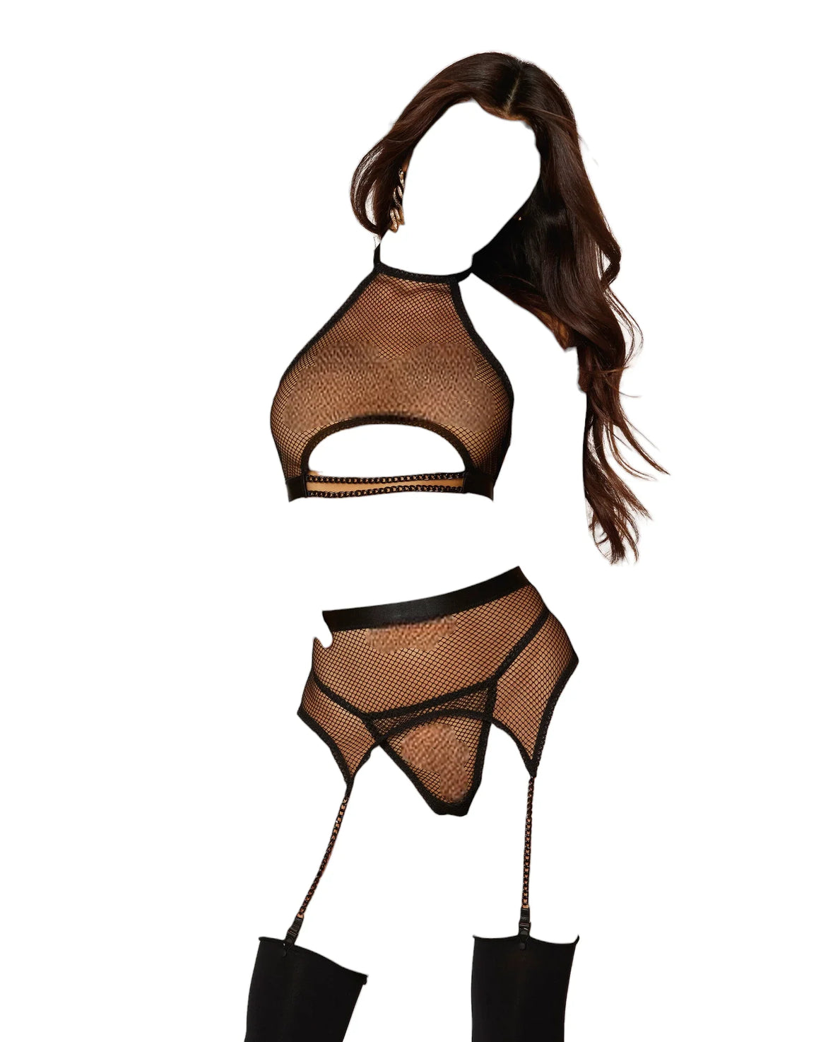 Dreamgirl 3 PC High-Neck Fishnet Bralette, G-String & Garter Belt Set - Romantic Blessings Dreamgirl 3 PC High-Neck Fishnet Bralette, G-String & Garter Belt Set - Romantic Blessings