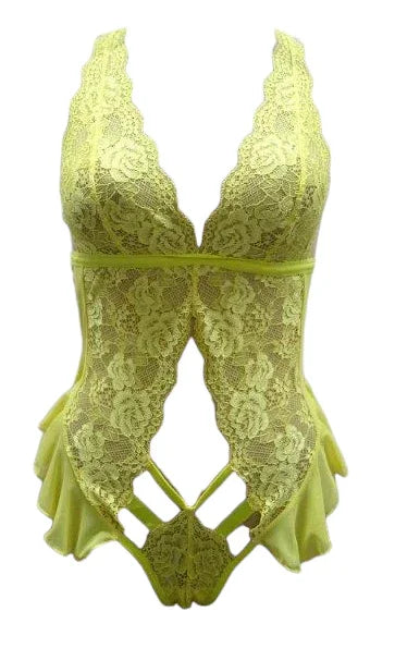 Escante Lace & Mesh Teddy with Criss Cross Back Lemonade