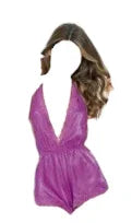 Escante Woven Satin & Lace Halter Tie Romper Purple Magic