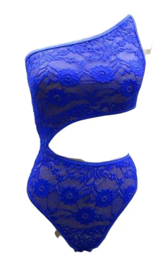 Escante Stretch Lace Off the Shoulder Teddy with Peek-A-Boo Back Royal Blue