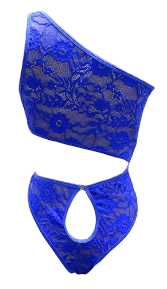 Escante Stretch Lace Off the Shoulder Teddy with Peek-A-Boo Back Royal Blue