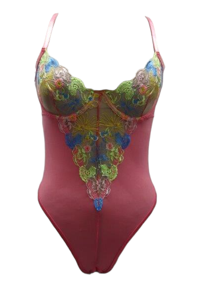 Escante Embroidered Lace Underwire Cup Teddy with Open Crotch Coral