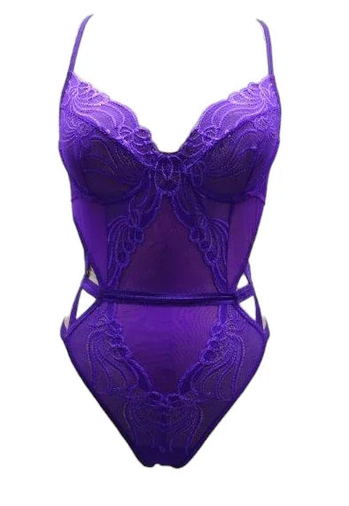Escante Lace & Mesh Strappy Underwire Cup Teddy Purple Magic