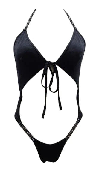 Escante Rhinestone Strappy Front & Back Tie Teddy Black Size