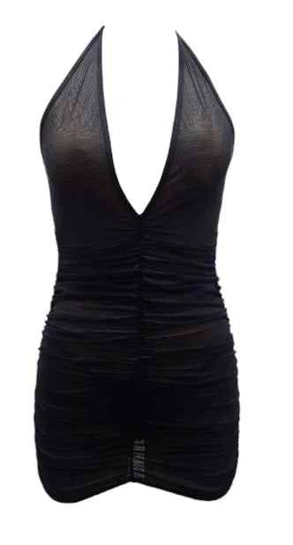 Escante Boxed Rouched Halter Tie Chemise with G-String Black