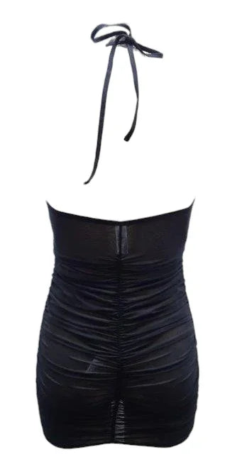 Escante Boxed Rouched Halter Tie Chemise with G-String Black