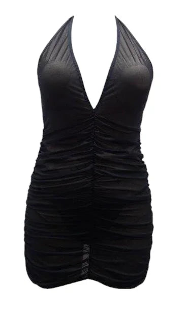 Escante Boxed Rouched Halter Tie Chemise with G-String Black