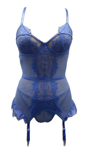 Escante Eyelash Lace Underwire Bustier with Garters & G-String Dusty Blue