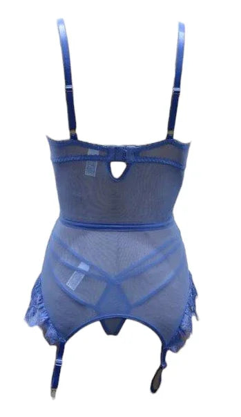 Escante Eyelash Lace Underwire Bustier with Garters & G-String Dusty Blue